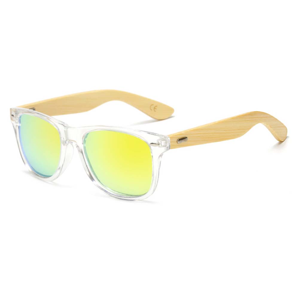 Houten zonnebril met transparant montuur en gele glazen
